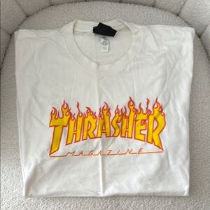 Thrasher White Tee with Red and Yellow Flame Logo